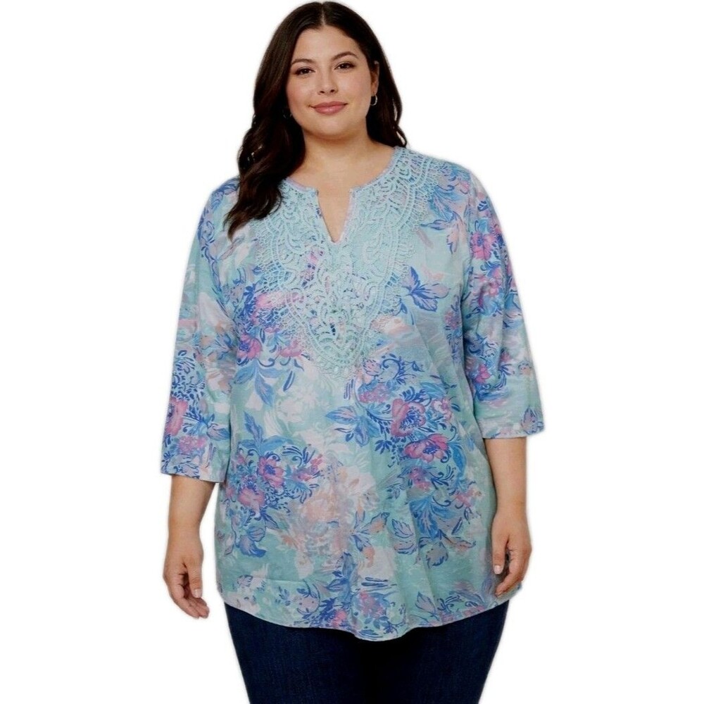 Liz And Me Womens 18/20W Floral Tropical Crochet V Neck 3/4 Sleeve Colorful Top
